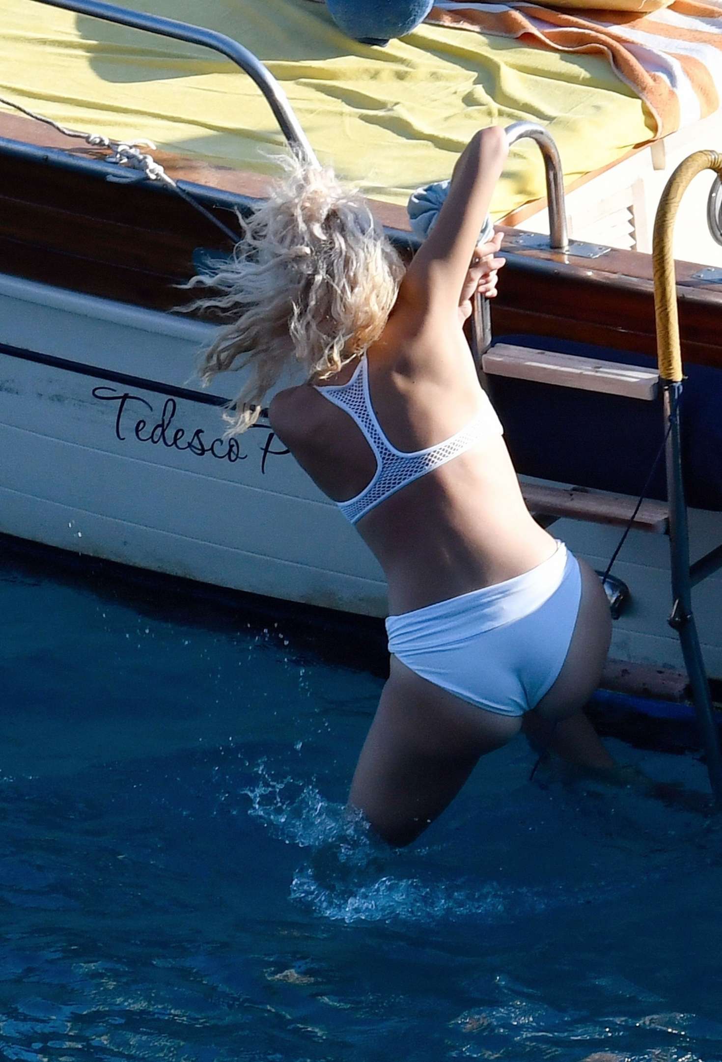 Pixie Lott in White Bikini on a yacht in Capri. 