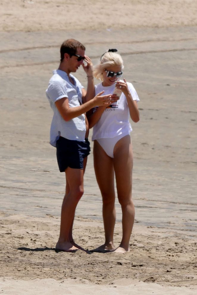 Pixie Lott in White Swimsuit on the beach in Los Angeles