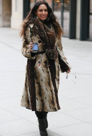 Preeya Kalidas - in faux fur winter coat pictured at BBC Asian network in London