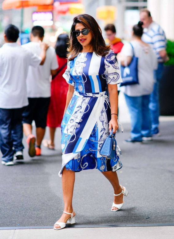 Priyanka Chopra in Blue and White Dress - Out in New York City