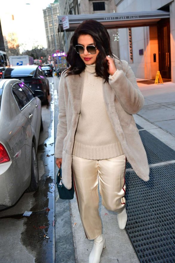 Priyanka Chopra in Grey Fur Coat - Out in Tribeca