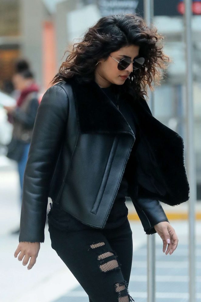 Priyanka Chopra in leather jacket and ripped jeans out in NYC