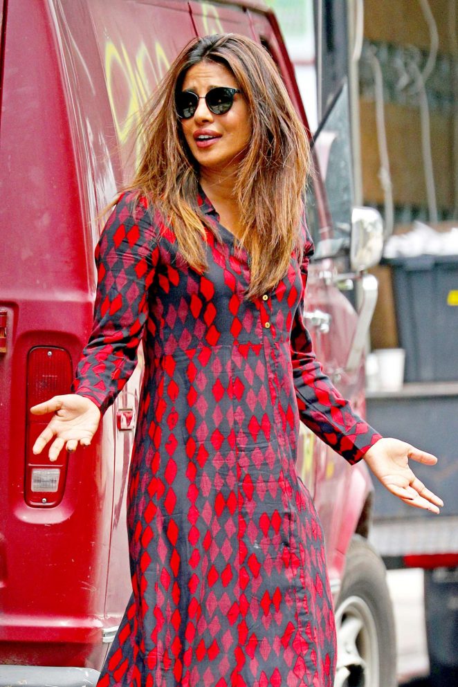Priyanka Chopra in red printed shirt dress out in New York City