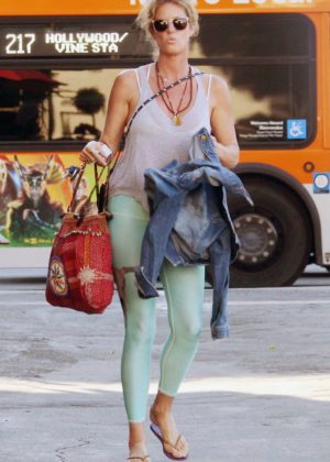 Rachel Hunter in green leggings out in West Hollywood