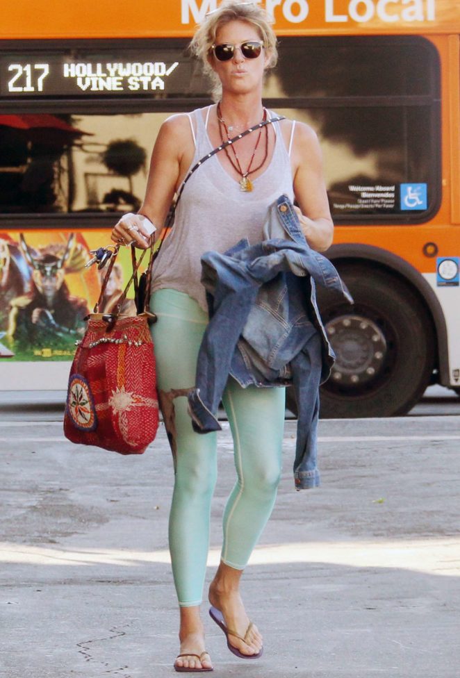 Rachel Hunter in green leggings out in West Hollywood