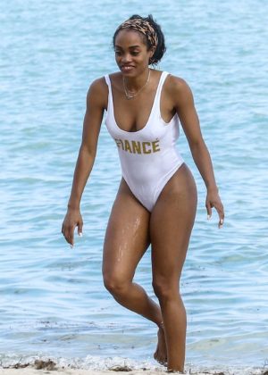 Rachel Lindsay in White Swimsuit on the beach in Miami
