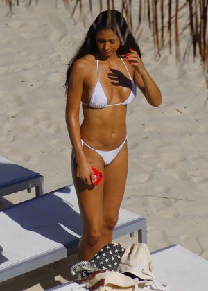 Rebecca Scott in White Bikini on the beach in Miami
