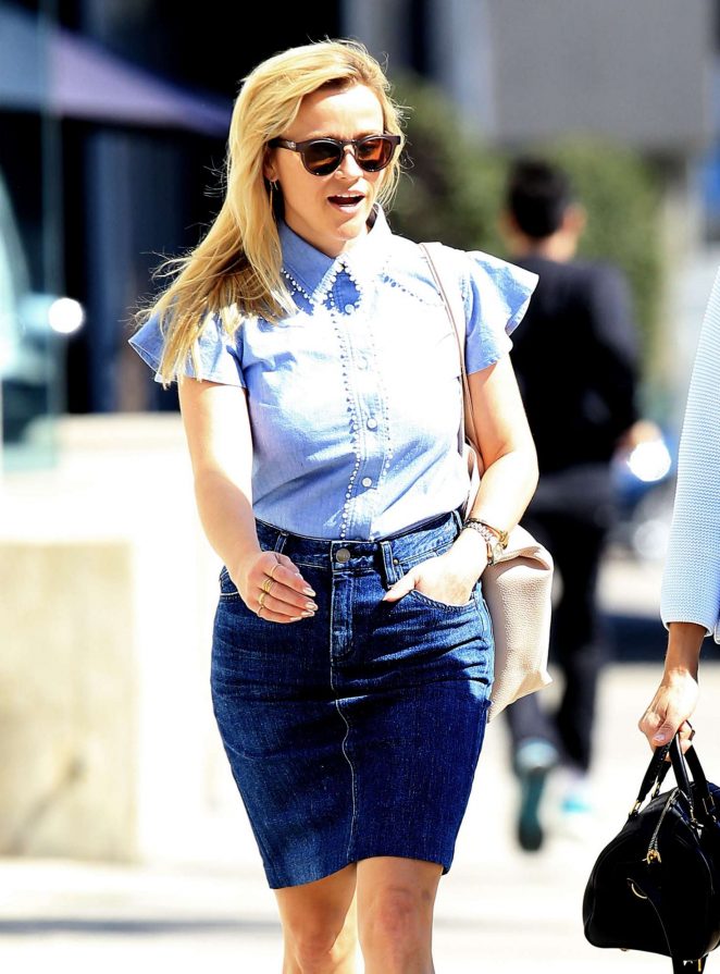 Reese Witherspoon in Jeans Skirt out in West Hollywood
