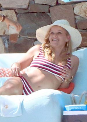 Reese Witherspoon in Red and White Bikini on the pool in Cabo San Lucas
