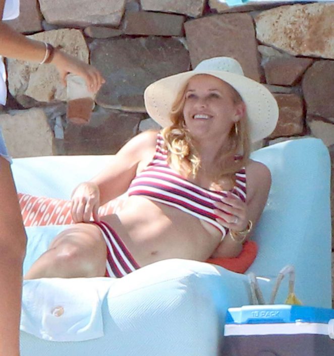 Reese Witherspoon in Red and White Bikini on the pool in Cabo San Lucas