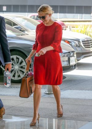 Reese Witherspoon in Red Dress - Out for a Business Meeting in LA