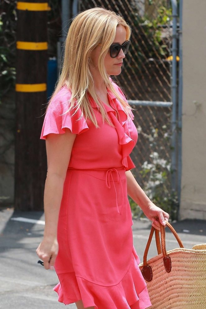 Reese Witherspoon in Red Dress - Visting a skin care clinic in Brentwood