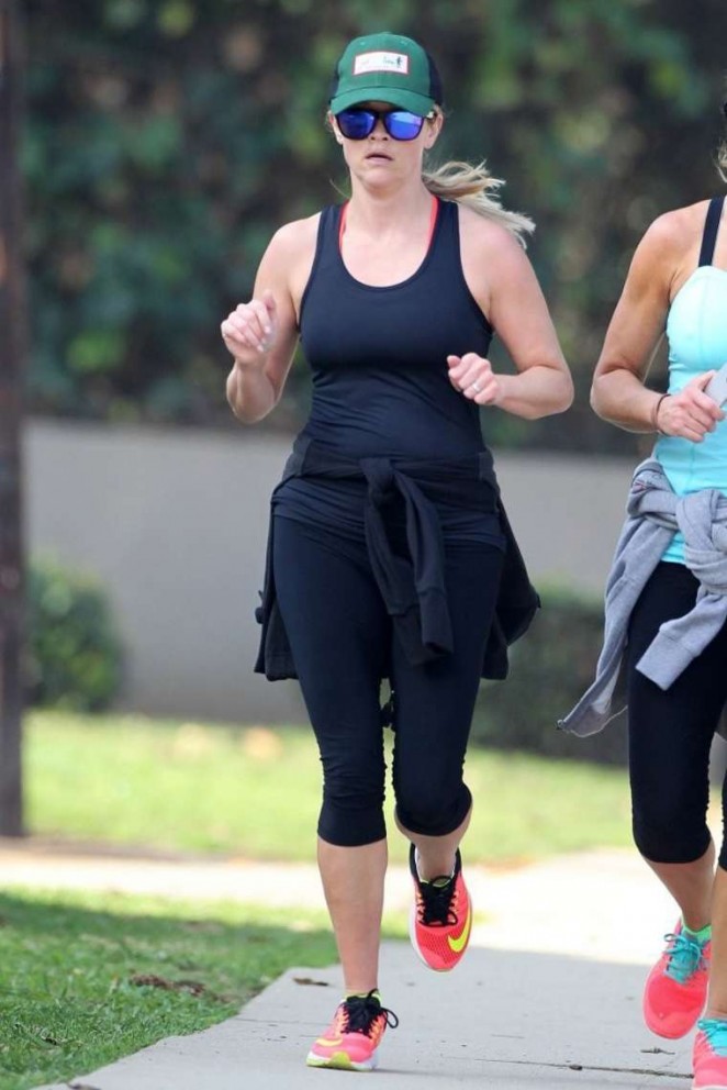 Reese Witherspoon in Tights Jogging in Brentwood