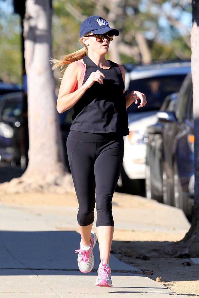 Reese Witherspoon in Tights Jogging in Los Angeles