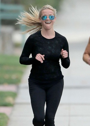 Reese Witherspoon jogging with a friend in Brentwood