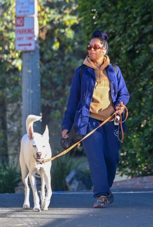 Regina King - Walking her dog in Los Feliz