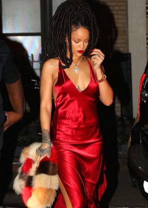 Rihanna in Red Dress Arriving at Carbone Restaurant in NYC