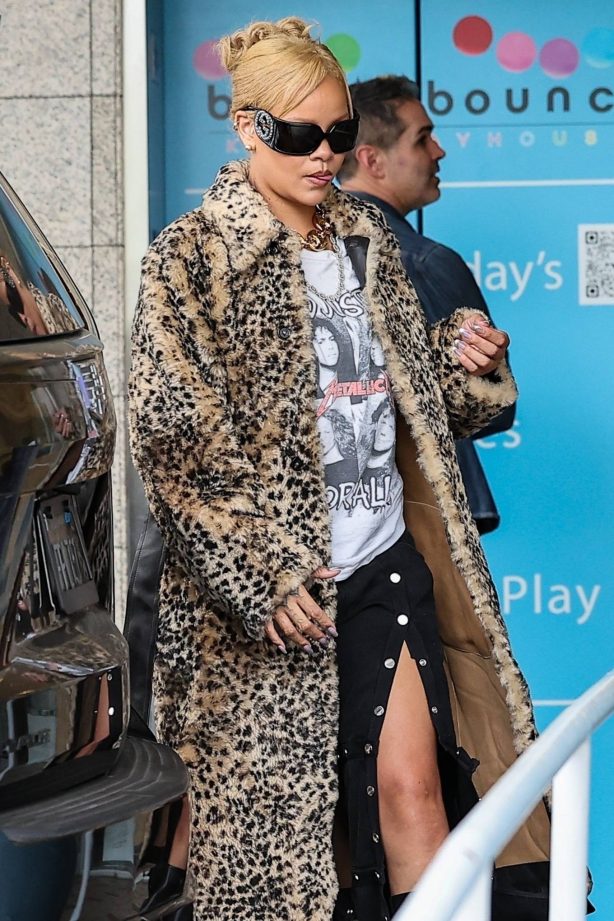 Rihanna - In a leopard print faux fur coat during an outing in Los Angeles