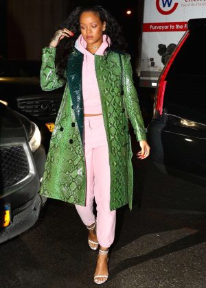 Rihanna in Green Python Jacket out in New York