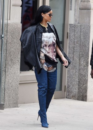 Rihanna in knee boots out in NYC