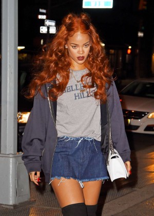 Rihanna in Jeans Mini Skirt at Recording studio in NYC