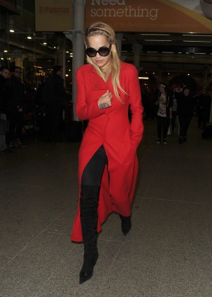 Rita Ora in Red Coat Arriving in London
