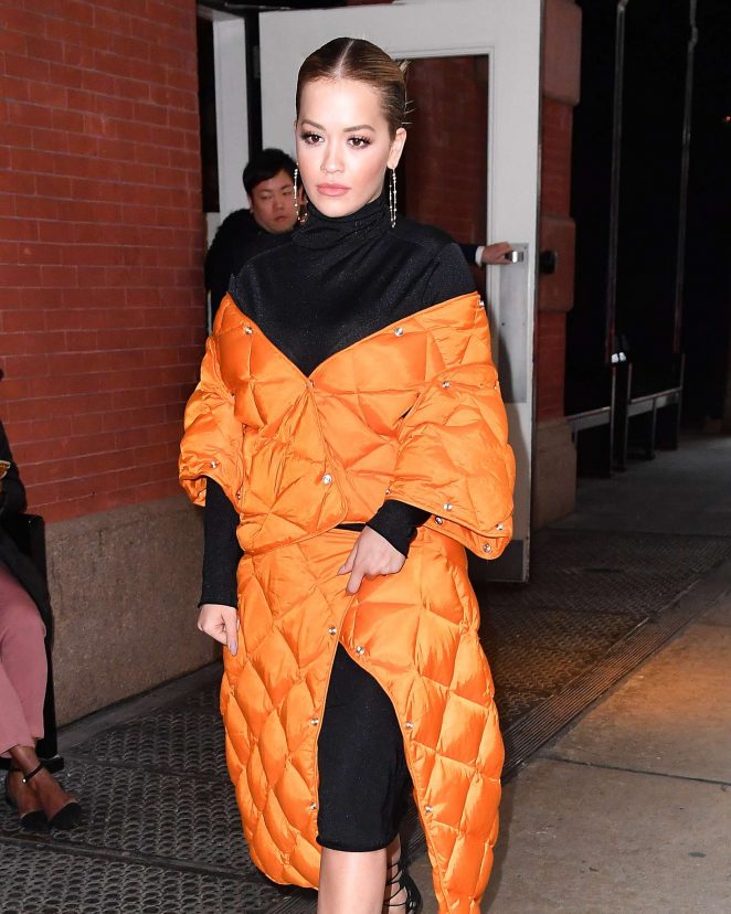 Rita Ora in a Orange Coat out in New York City