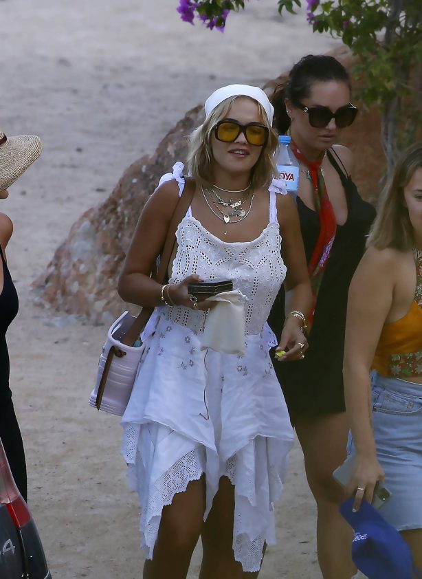 Rita Ora - In a white dress out for dinner in Ibiza