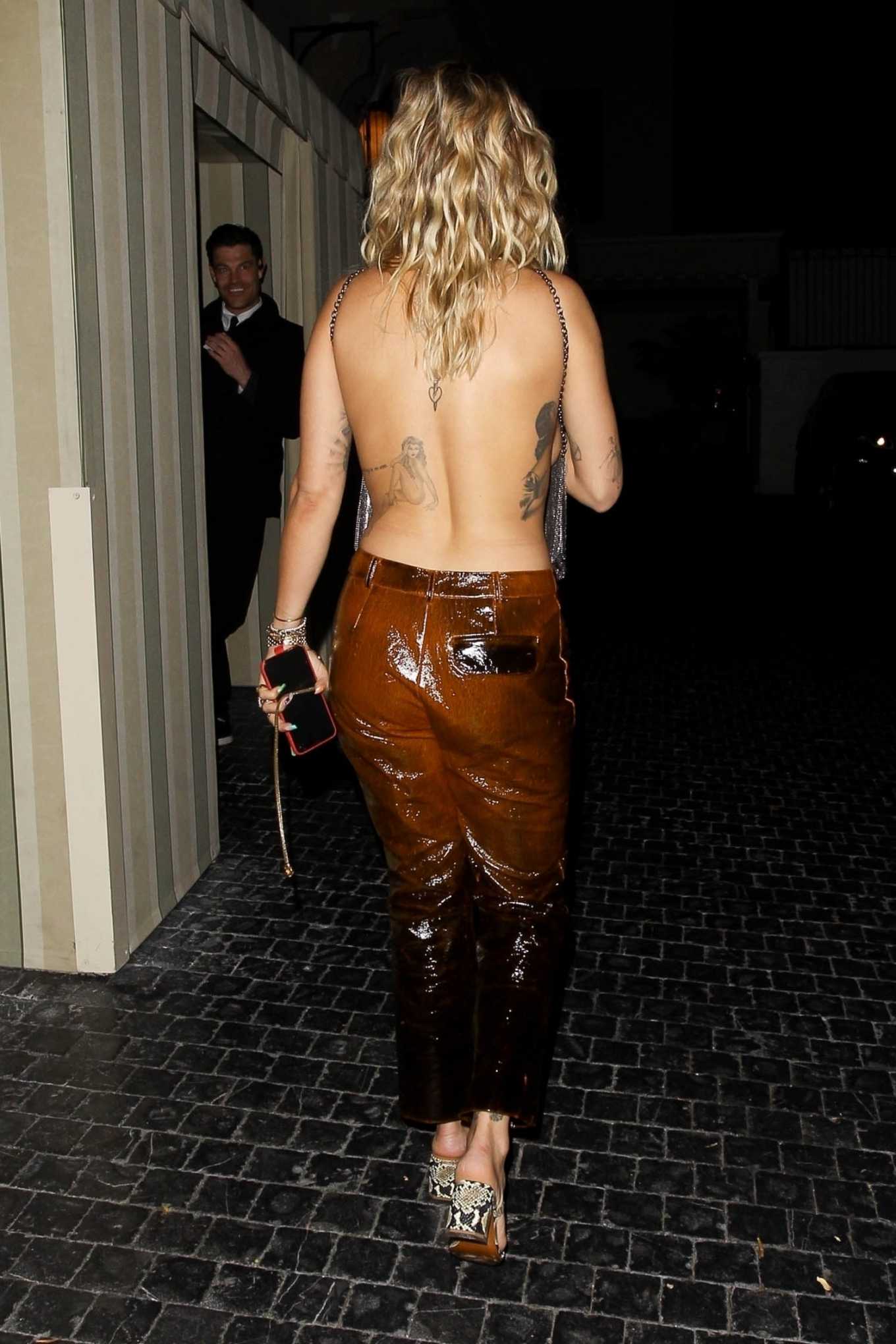 Rita Ora in Backless Sequin Top and Leather Pants at Chateau Marmont in