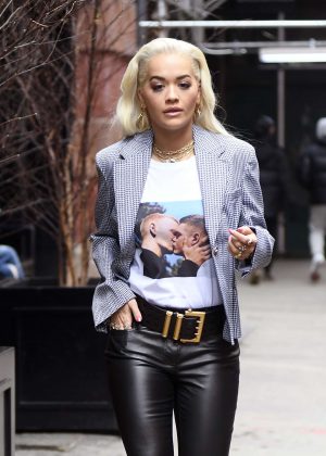 Rita Ora in Leather Pants - Leaving her hotel in New York City