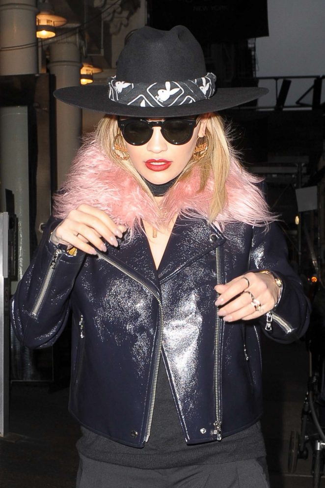 Rita Ora in pink fur out in Soho
