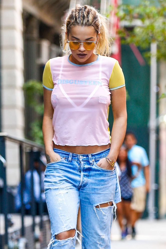 Rita Ora in Ripped Jeans Leaving her NYC apartment