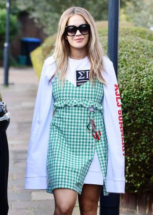 Rita Ora in thigh-grazing gingham sundress out in London