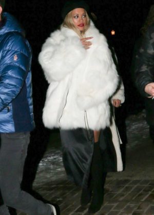 Rita Ora in White Fur Coat – Night out in Aspen | GotCeleb