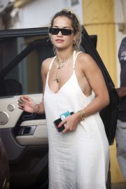 Rita Ora in White Summer Dress - Shopping in Ibiza
