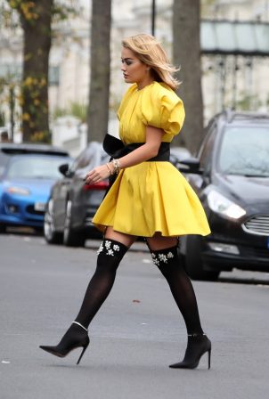 Rita Ora - In yellow mini dress out in London