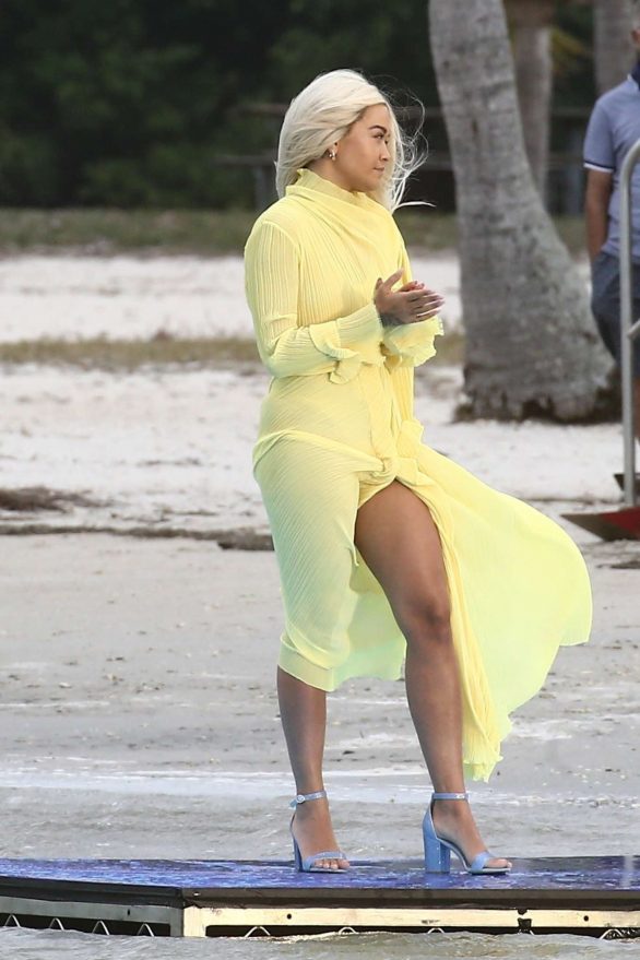 Rita Ora in Yellow - Shooting a video in Miami