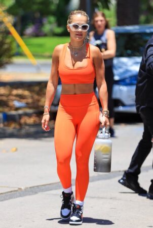 Rita Ora - Seen in a orange yoga outfit - Los Angeles