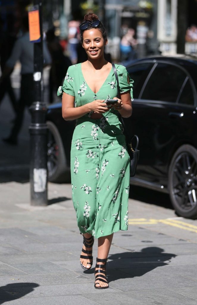 Rochelle Humes in Green Dress at Global Radio in London