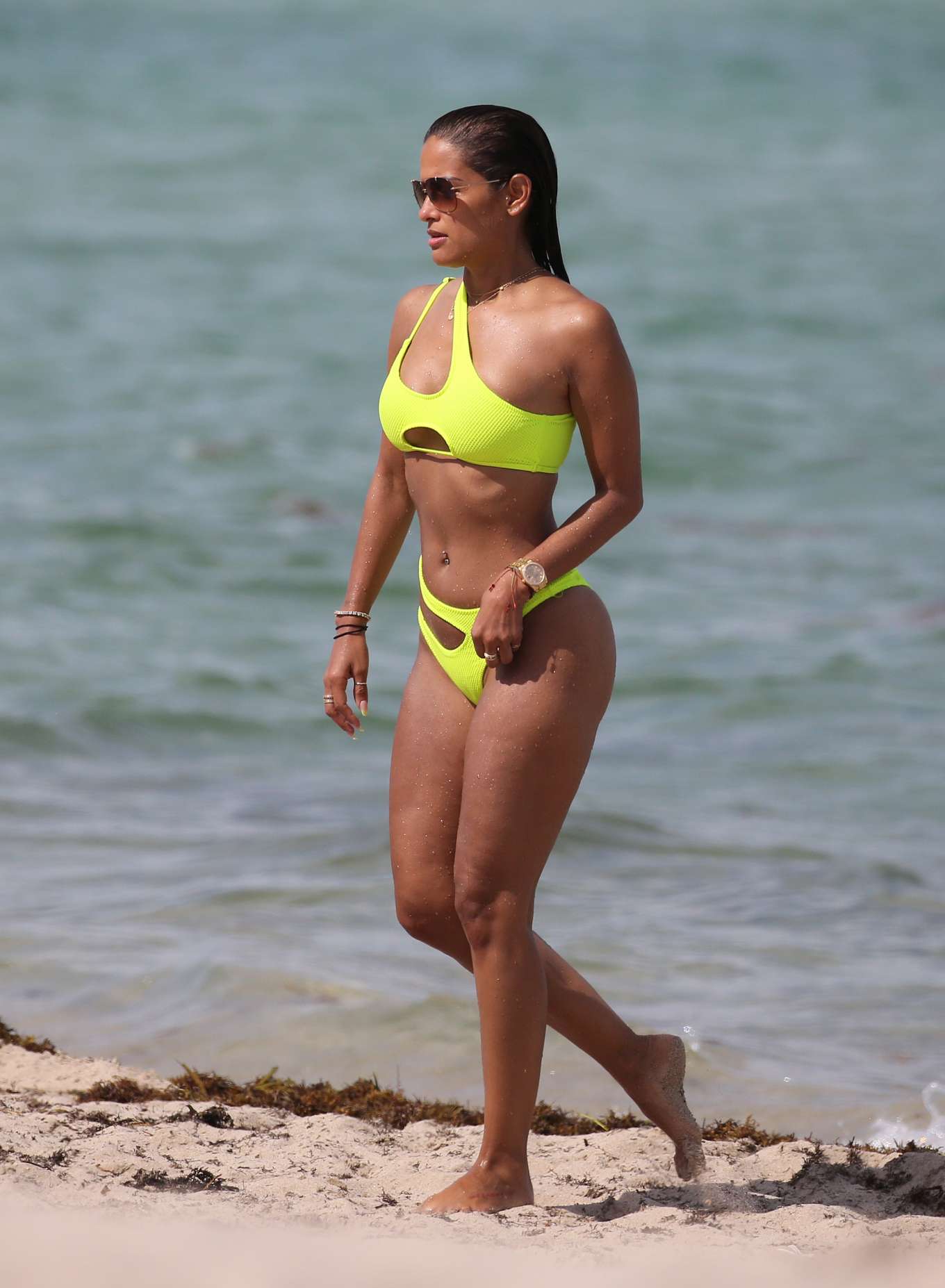 Rocsi Diaz in Neon Yellow Bikini on the beach in Miami. 