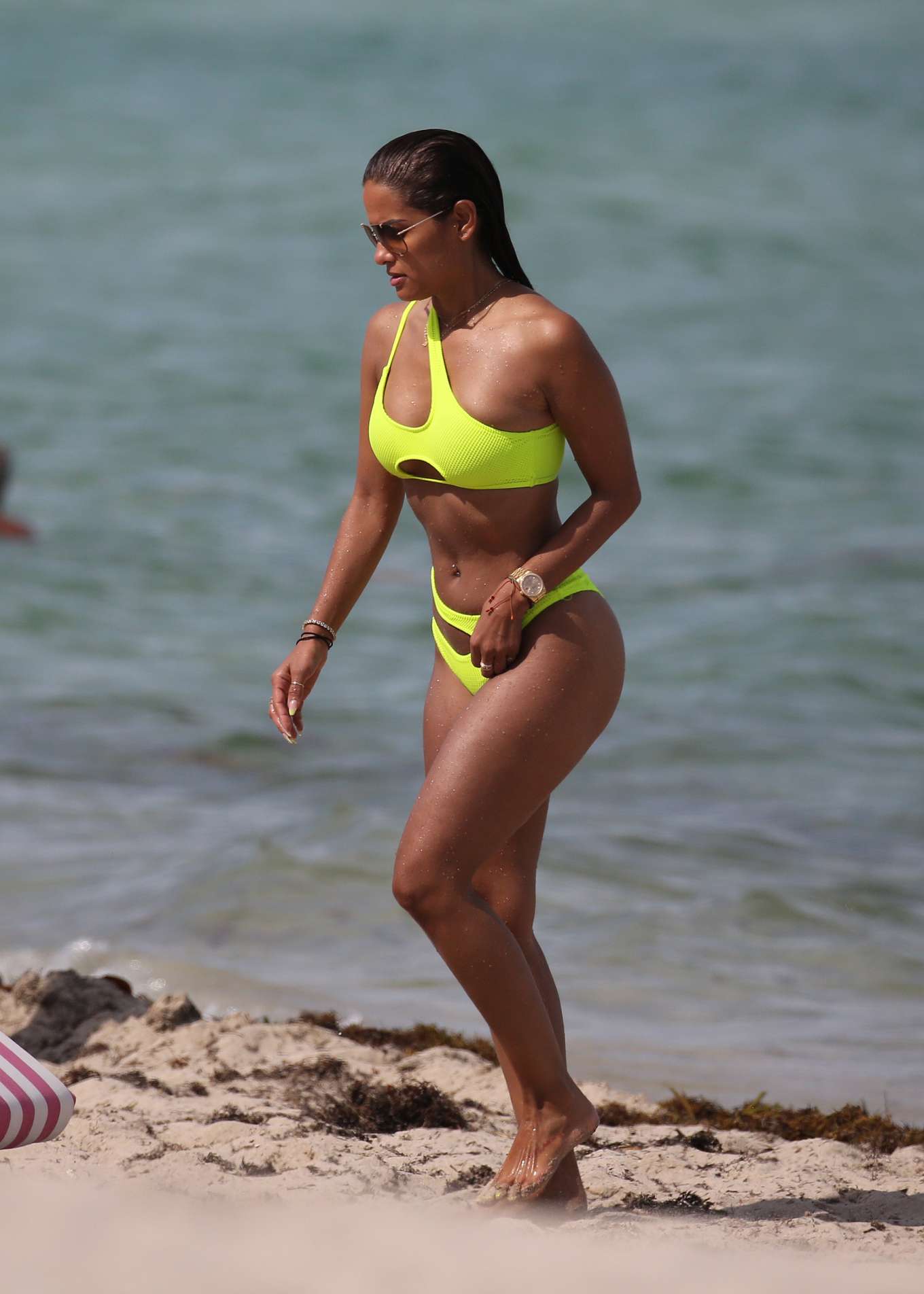 Rocsi Diaz in Neon Yellow Bikini on the beach in Miami. 