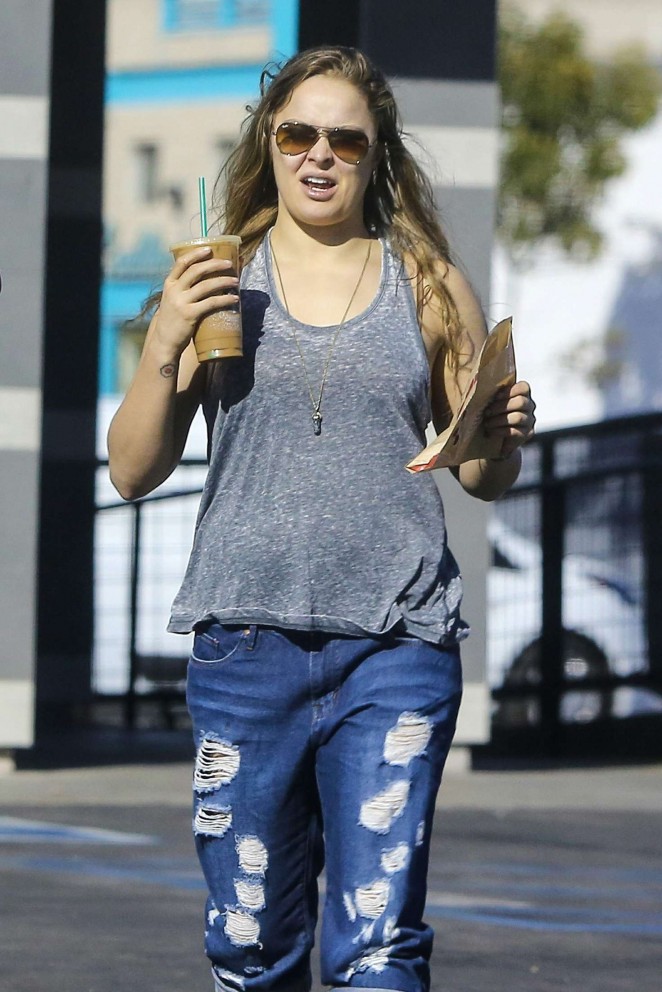 Ronda Rousey in Ripped Jeans at Starbucks in Calabasas