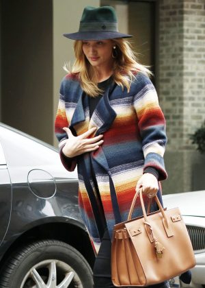 Rosie Huntington Whiteley in Colorful Coat Out in New York