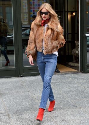Rosie Huntington Whiteley in Fur Coat and Jeans Out in NY