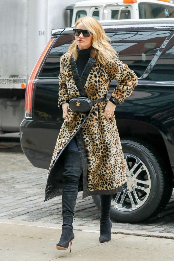 Rosie Huntington Whiteley in Leopard Print Coat out in NY