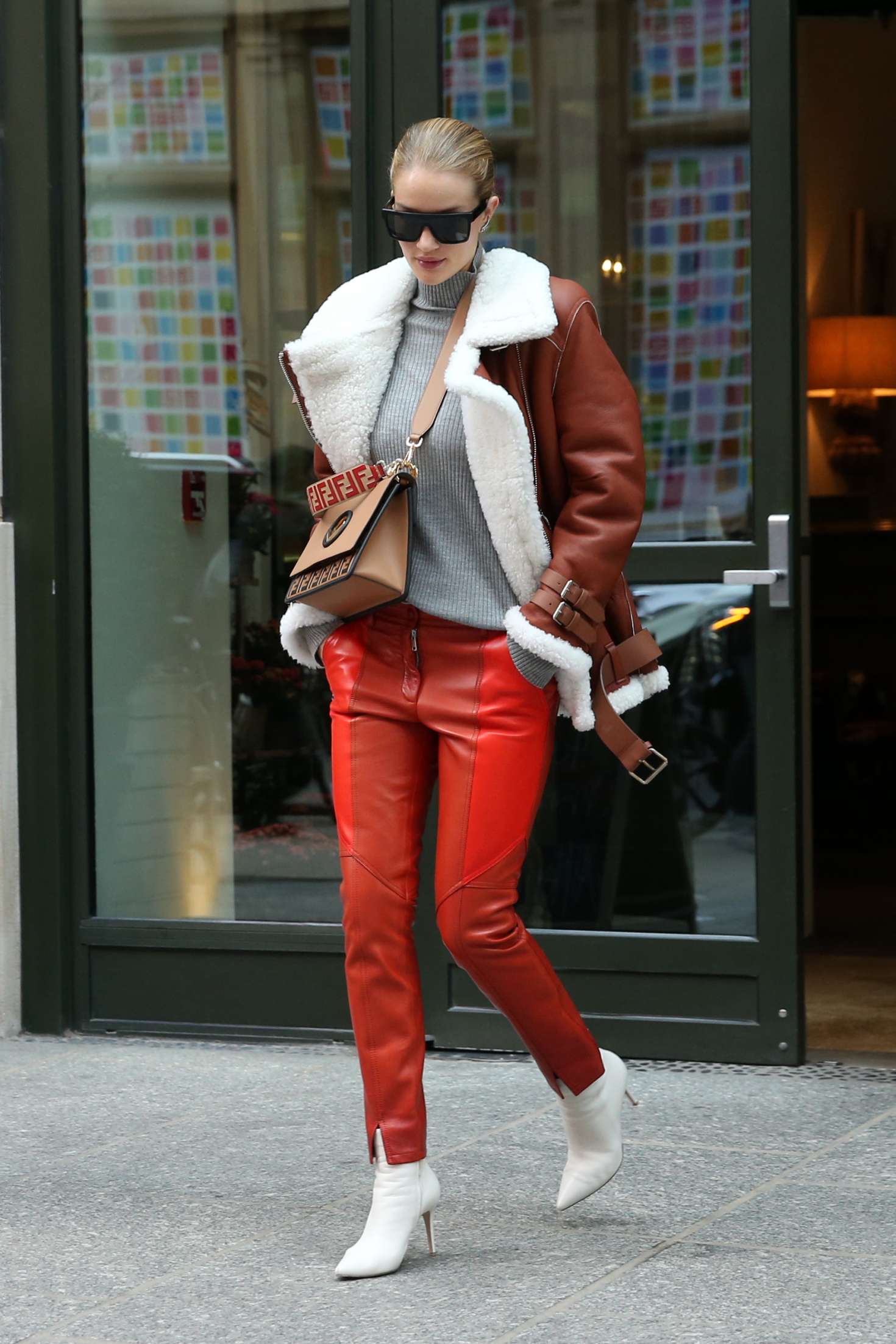 Rosie Huntington Whiteley in Orange Leather Pants -03 | GotCeleb
