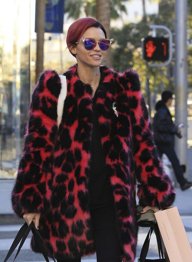 Ruby Rose in Fur Coat Shopping in Beverly Hills