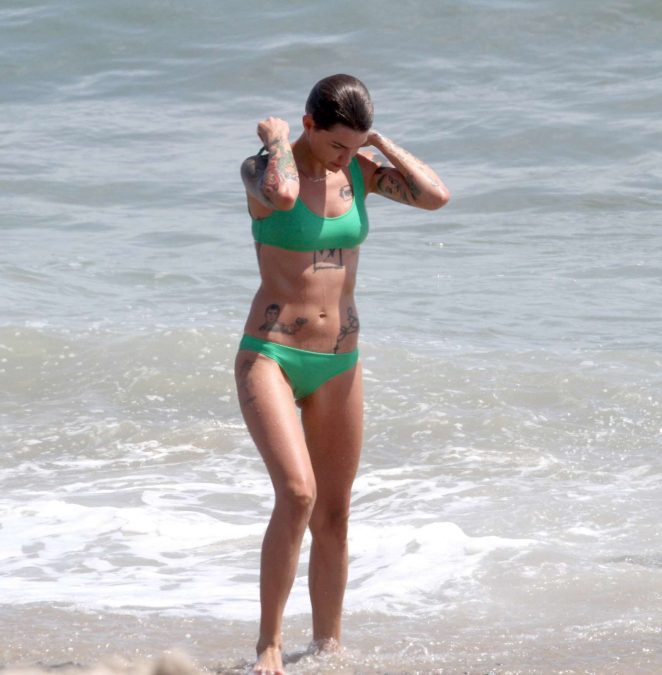 Ruby Rose in Green Bikini on Malibu Beach