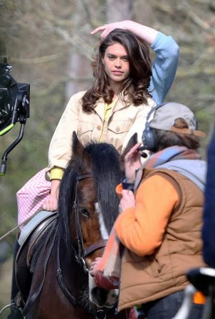 Sabrina Bartlett - riding a horse on the set of new ITV drama