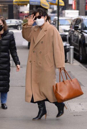 Sandra Oh - In a camel wool coat and black boots at Good Morning America morning show